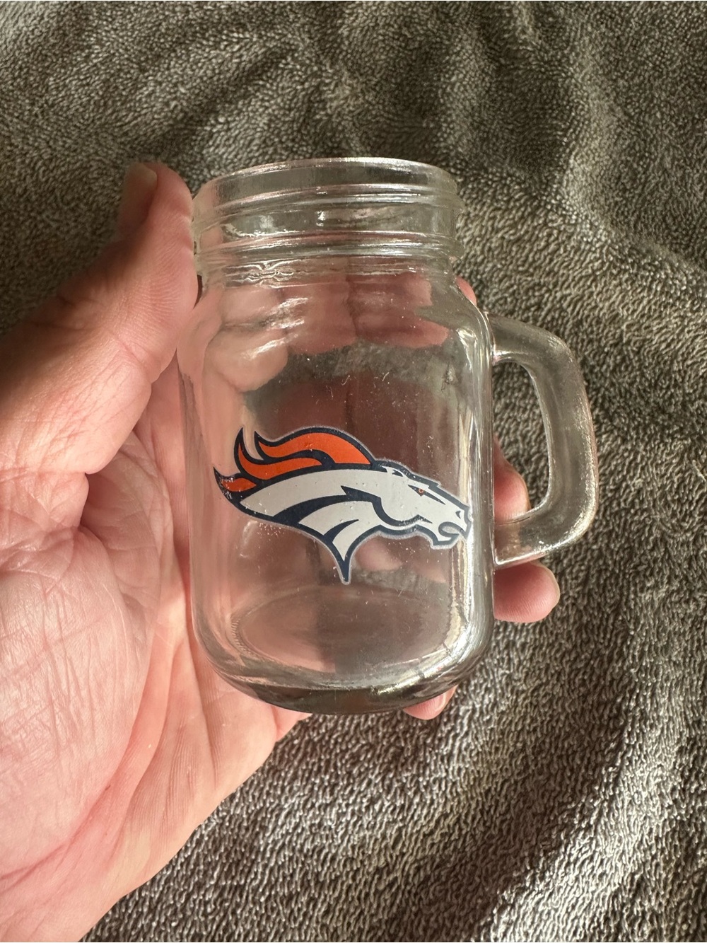 Denver Broncos Glass Mason Mug - Clear with Orange & Blue Logo